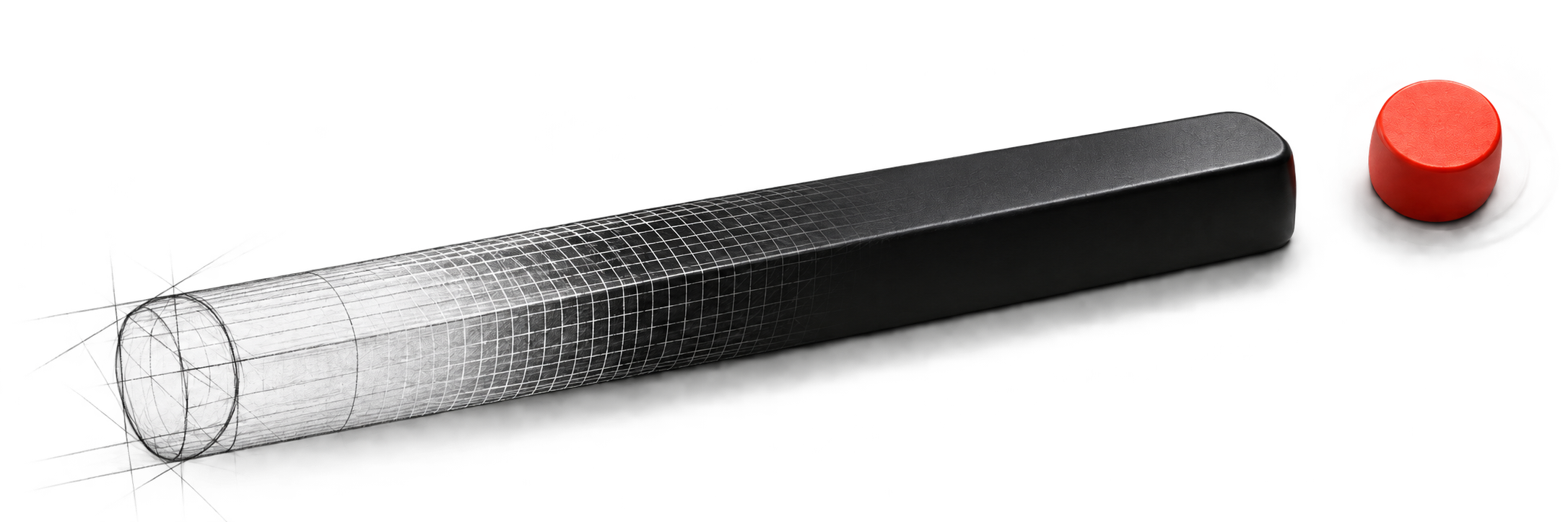 A pencil construction drawing becomes a solid black exclamation stroke, finishing with a red dot.